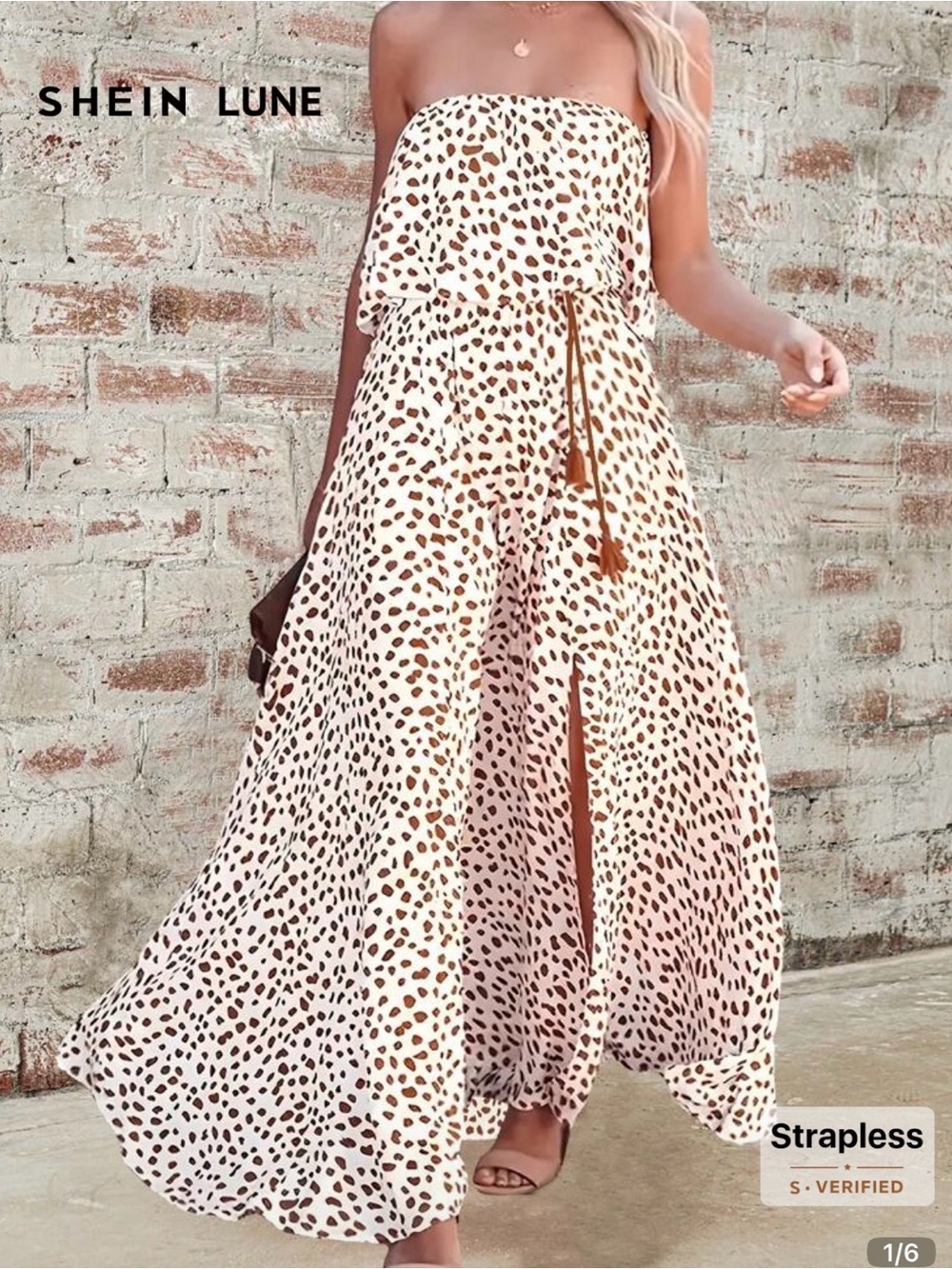 SHEIN Strapless Leopard Print Maxi Dress in Cream and Brown